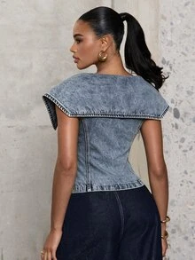 Hauture Women's Casual Versatile Everyday Denim Top With Turn-Down Collar - Blue - View 2