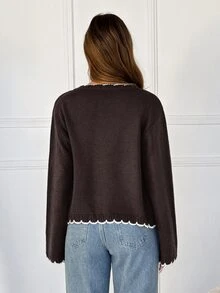 SHEIN EZwear 長袖圓弧下擺單排扣針織開襟衫 - 咖啡棕 - 查看 2