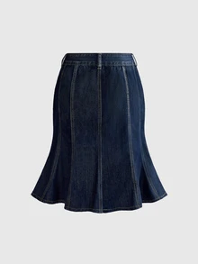 ROMWE Kawaii Vintage Women's Y2K Millennium Retro Versatile Apple Embroidered Washed Blue Mid-Length Denim Skirt - Dark Wash - View 2