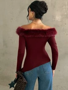 Firerie Sweater Pullover Kerah Bulu Wanita Biasa - Coffee Brown - View 2