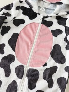 SHEIN 嬰兒男孩/女孩秋冬款卡通牛花紋連帽長袖連身褲，百搭舒適 - 彩色 - 查看 4