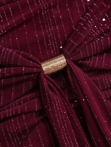 Sweetra Y2K Sexy Textured Fabric Ruched Neck Pleated Crepe Elegant Party Dress - Burgundy - View 4