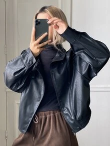 DAZY Women's Solid Color PU Leather Casual Versatile Daily Outerwear Winter - Black - View 4