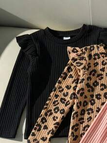 3pcs Young Girl 4-8Y Streetwear Ruffle Leopard Rib-Knit Long Sleeve Cozy Fleece Hoodies Tops Tees School Outdoor Play Fall Winter - Multicolor - View 8