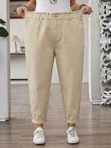 SHEIN CURVE+ 大尺碼女款休閒日常旅行牛仔褲，附口袋與鈕扣 - 卡其色 - 查看 7