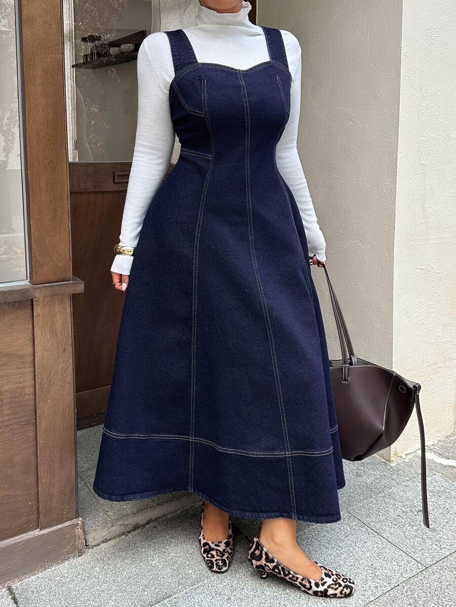 Dazy Plus Dark Wash Blue Fitted Elegant Layered Tank Style Denim Dress Spring Summer Autumn - Dark Wash - View 1
