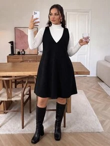 Lounesse 女款大尺碼純色長袖上衣與洋裝休閒日常兩件套，適合秋季/冬季外出與辦公工作穿搭套裝 - 黑色 - 查看 4