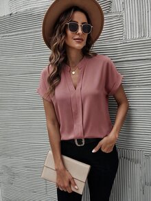 SHEIN Clasi 純色V領休閒寬鬆短袖上衣，適合日常穿著，夏季百搭上衣 - 藕粉色 - 查看 3