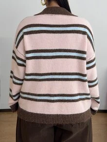 POPSWAY Plus Size Autumn/Winter Button Half-Placket Striped Sweater - Multicolor - View 2