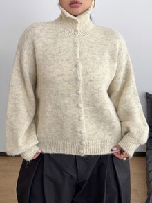 POPSWAY Plus Size Women's Autumn/Winter Dropped Shoulder Long Sleeve Single-Breasted Knit Cardigan - Apricot - View 3
