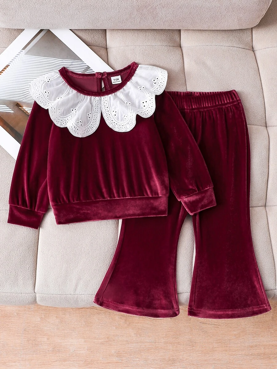 SHEIN 2pcs Baby Girls Sweatshirt Flared Pants Sweet Burgundy Eyelet Scalloped Collar Long Sleeve Round Neck Regular Holiday Fall Velvet - Burgundy - View 1