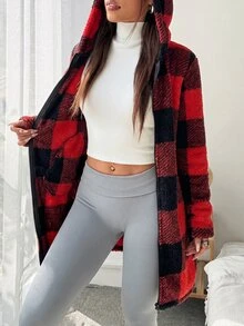 SHEIN EZwear 格子毛絨女款長袖連帽休閒外套 秋冬款 - 紅色 - 查看 5