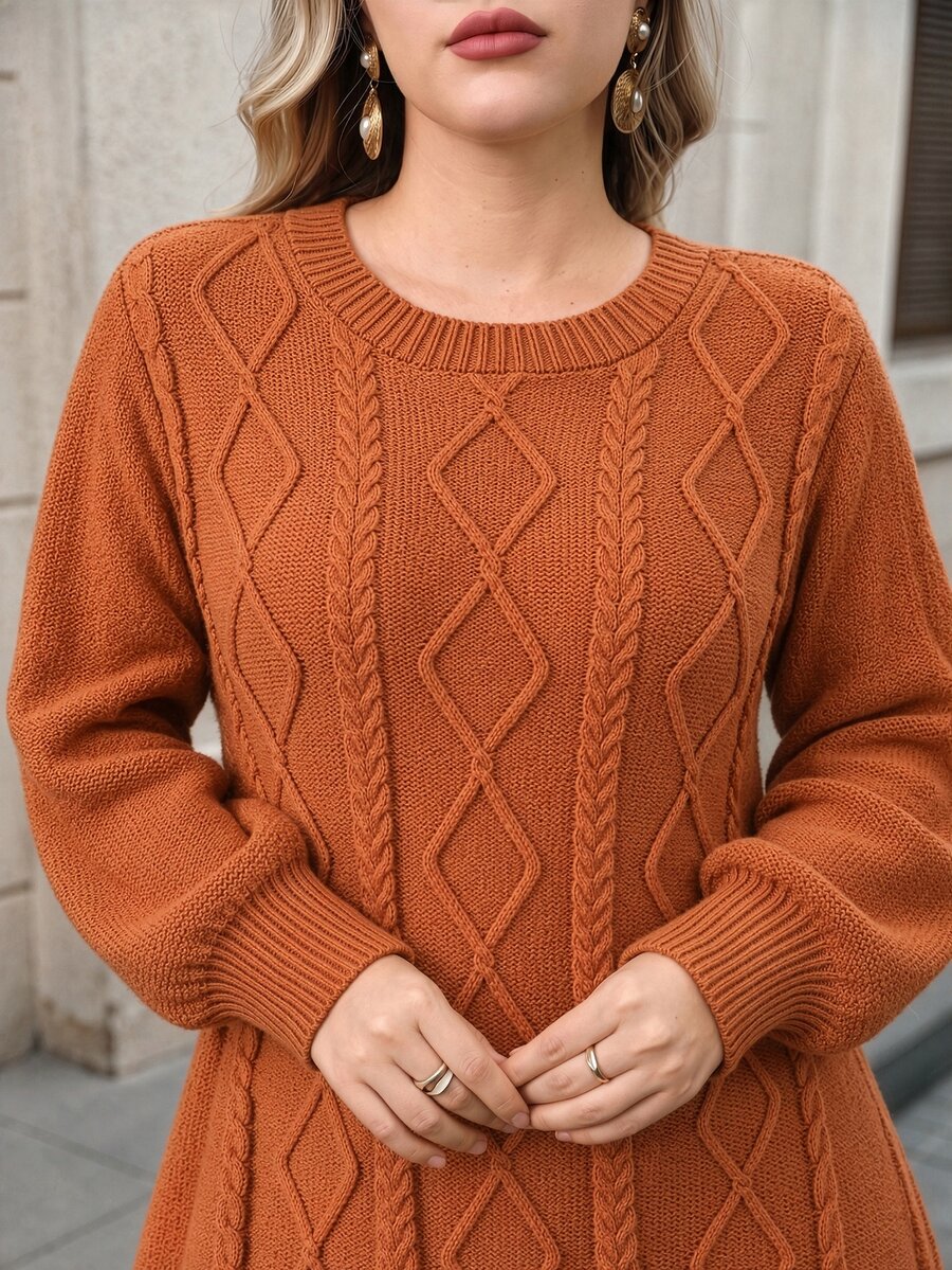 Lacomfia Plus Size Women's Cable Knit Crew Neck Long Sleeve Casual Knit Dress - Bronze - View 1