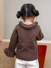 DAZY Infant/Toddler (Girl) Round Neck Ruffle Trim Solid Color Long Sleeve Autumn/Winter Sweater - Coffee Brown - View 2