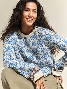SHEIN 北歐復古波希米亞風 Fair Isle 提花女款寬鬆圓領厚針織套頭毛衣，米白色，適合聖誕、日常、旅行、秋季 - 藍色 - 查看 6