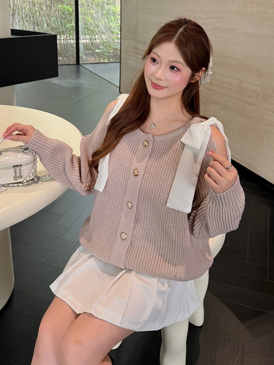 Bijouette Plus Size Women's Shoulder Bow Decor Cutout Design Single-Breasted Knit Cardigan - Pink - View 1