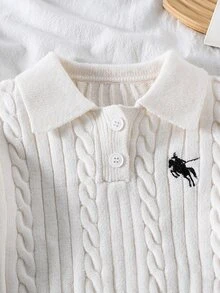 SHEIN 女童休閒百搭刺繡細節針織衫，秋冬女童服飾 - 米色 - 查看 3