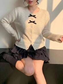 Dazy Plus Women's Elegant Contrast Color Bow Cardigan Sweater, Versatile Autumn Top - Apricot - View 5