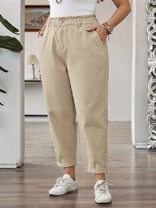 SHEIN CURVE+ 大尺碼女款休閒日常旅行牛仔褲，附口袋與鈕扣 - 卡其色 - 查看 9