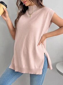 SHEIN 孕婦純色立領側開衩下擺休閒針織背心 - 粉色 - 查看 4
