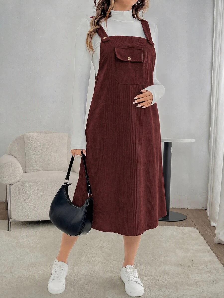 SHEIN 孕婦復古口袋簡約連身裙,適合日常穿著 - 紅木色 - 查看 1