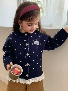 Hapijoa 女童秋季拼接撞色荷葉邊修身長袖圓領抽繩綁帶休閒開襟衫 - 藏蓝色 - 查看 5