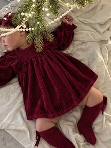 Baby Girl Autumn/Winter Christmas Burgundy Korean Fleece Round Neck Ruffle Long Sleeve Waist-Cinching Dress, Versatile And Comfortable - Burgundy - View 3