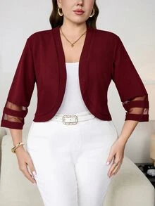 Reflora Plus Size Vintage Mesh Patchwork Jacket For Office And Commute - Burgundy - View 4