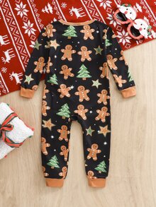 SHEIN Infant Christmas Contrast Color Realistic Cookie Print Fitted One-Piece Pajamas, Footed Long Sleeve Jumpsuit - Multicolor - View 2