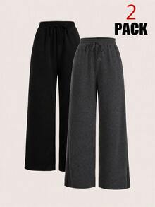SHEIN EZwear 2件裝黑色與灰色大尺碼女款綁帶腰長褲 - 灰色 - 查看 1