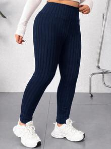 SHEIN EZwear 大尺碼休閒百搭高腰黑色緊身褲，夏季穿搭，女性沙灘穿搭，夏季度假穿搭，度假穿搭 - 藏蓝色 - 查看 4