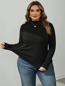 SHEIN CURVE+ Atasan Turtleneck Rajut Bergaris Pas Badan untuk Wanita Ukuran Besar, Kaos Campuran Katun untuk Musim Gugur/Dingin, Cocok untuk Ukuran 5XL-8XL - Hitam - View 4