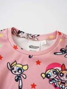 THE POWERPUFF GIRLS X SHEIN 女童圓領短袖上衣與長褲居家休閒套裝 - 粉色 - 查看 3