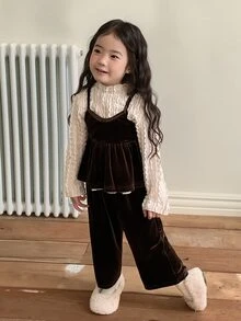 DAZY Baby Girl Solid Color Ruffle Hem Camisole Top And Long Pants Set - Coffee Brown - View 4