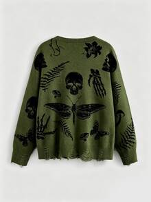 ROMWE Goth 暗黑哥德風骷髏與飛蛾植物圖案提花寬鬆針織開襟衫 - 軍綠色 - 查看 2