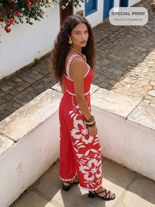 CAJUNI Tropical Vacation Embroidery Flower Cute Jumpsuit - Red and White - View 1