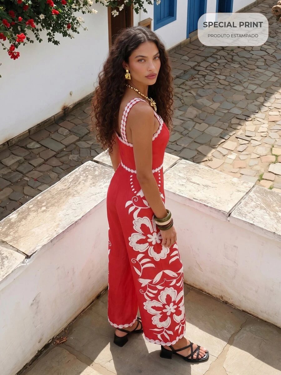 CAJUNI Tropical Vacation Embroidery Flower Cute Jumpsuit - Red and White - View 1