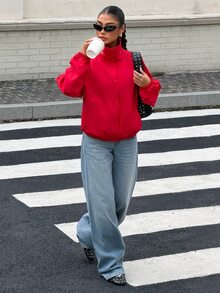 Muchica Women's Red Funnel Neck Snap Button Jacket, Lightweight Long Sleeve Windbreaker With Elastic Cuffs & Pockets For Chic Fall Winter Streetwear Outfits - Red - View 6