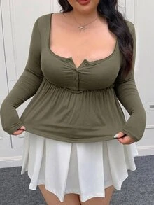 SHEIN EZwear 大尺碼女款純色抓皺休閒百搭日常長袖T恤 - 軍綠色 - 查看 6