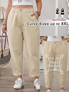SHEIN CURVE+ 大尺碼女款休閒日常旅行牛仔褲，附口袋與鈕扣 - 卡其色 - 查看 1