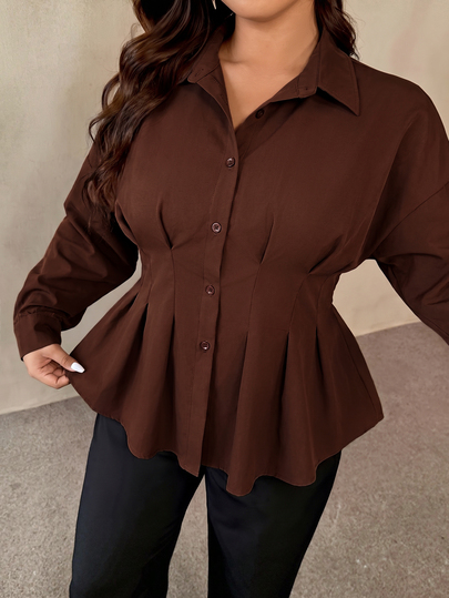 Auralis Elegant, Vintage-Style Brown Long-Sleeved Shirt For Work (Suitable For Teachers In Spring/Autumn); Features A Waist-Cinching Design