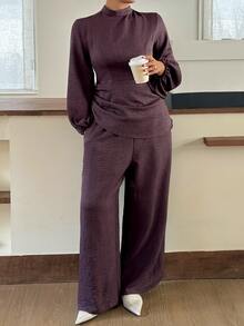 Dazy Plus Solid Color Fitted Waist Stand Collar Long Sleeve Pullover Shirt And Wide Leg Pants Elegant Spring/Autumn 2 Pieces Set - Purple - View 5