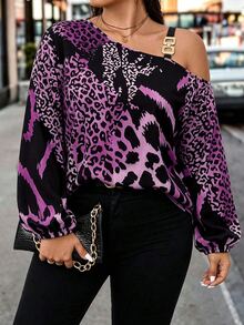 Linhara CURVE Plus Size Asymmetrical Neck Long Sleeve Heart Pattern Print Casual Blouse One Shoulder Top - Purple - View 1