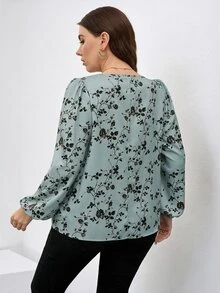 SHEIN Clasi 優雅大尺碼女款花卉印花鎖骨領燈籠袖襯衫 - 彩色 - 查看 2