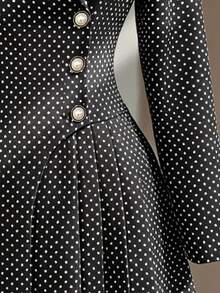 Fine & Folde Women's Autumn/Winter Polka Dot Faux Pearl Button Pleated Dress For Dating - Black - View 5