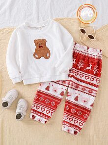 SHEIN 小男孩冬季卡通刺繡熊聖誕絨毛圖案圓領標準肩長袖上衣與長褲 2件組 柔軟舒適雙面法蘭絨睡衣套裝 - 彩色 - 查看 1
