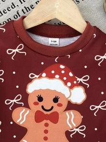 SHEIN Infant Girls Christmas Long Sleeve Top, Gingerbread Man & Bowknot Pattern Lace Ruffle Hem Blouse - Burgundy - View 8