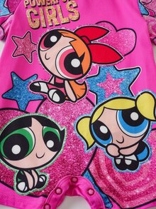 THE POWERPUFF GIRLS X SHEIN رومبير كاجوال بأكمام قصيرة وطبعة كرتونية للبنات الرضع - وردي - مشاهدة 4