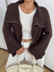 POPSWAY Plus Size Women's Plus Size Collar Double Zipper Solid Dark Brown Ribbed Knit Short Cardigan, Long Sleeve, Suitable For Spring/Autumn/Winter/Back To School/Daily Commute/Outing/Indoor/Outdoor/Date Wear, Versatile Solid Color Knit Cardigan - Coffee Brown - View 5