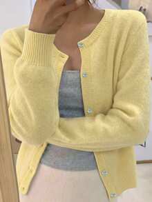 INAWLY 女款素色長袖單排扣休閒針織開襟衫 - 鵝黃色 - 查看 3